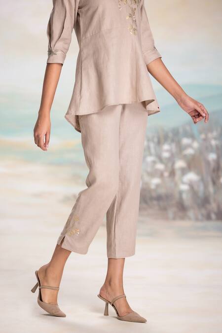 Shop Kaveri Beige Linen Embroidery, Applique Collared Cement Top And Pant Set Online at Aza Fashions Shop_Kaveri_Beige Linen Embroidery, Applique Collared Cement Top And Pant Set _Online_at_Aza_Fashions