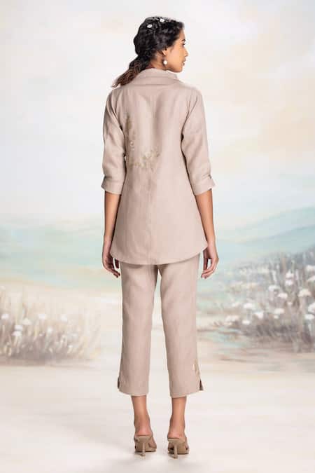 Shop Kaveri Beige Linen Embroidery, Applique Collared Cement Top And Pant Set at Aza Fashions Shop_Kaveri_Beige Linen Embroidery, Applique Collared Cement Top And Pant Set _at_Aza_Fashions