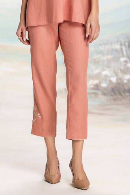 Kaveri Peach Linen Embroidery, Applique Collared Top And Pant Set Online at Aza Fashions Kaveri_Peach Linen Embroidery, Applique Collared Top And Pant Set _Online_at_Aza_Fashions
