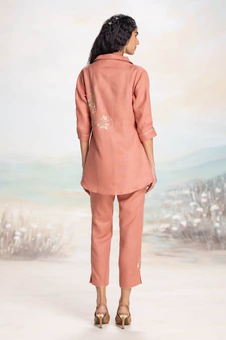 Shop Kaveri Peach Linen Embroidery, Applique Collared Top And Pant Set at Aza Fashions Shop_Kaveri_Peach Linen Embroidery, Applique Collared Top And Pant Set _at_Aza_Fashions