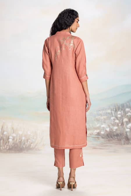 Shop Kaveri Peach Linen Embroidery, Applique Mandarin Collar Kurta Set With at Aza Fashions Shop_Kaveri_Peach Linen Embroidery, Applique Mandarin Collar Kurta Set With _at_Aza_Fashions