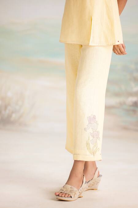 Kaveri Yellow Linen Embroidery, Foil Printing Collared Buttercup Floral Top And Pant Set Online at Aza Fashions Kaveri_Yellow Linen Embroidery, Foil Printing Collared Buttercup Floral Top And Pant Set _Online_at_Aza_Fashions