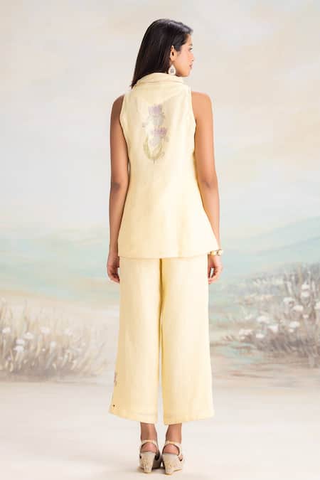 Shop Kaveri Yellow Linen Embroidery, Foil Printing Collared Buttercup Floral Top And Pant Set at Aza Fashions Shop_Kaveri_Yellow Linen Embroidery, Foil Printing Collared Buttercup Floral Top And Pant Set _at_Aza_Fashions