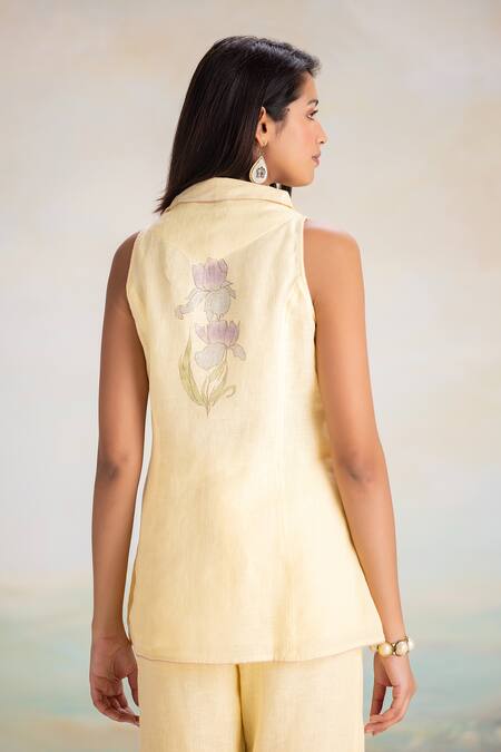 Buy Kaveri Yellow Linen Embroidery, Foil Printing Collared Buttercup Floral Top And Pant Set Online at Aza Fashions Buy_Kaveri_Yellow Linen Embroidery, Foil Printing Collared Buttercup Floral Top And Pant Set _Online_at_Aza_Fashions