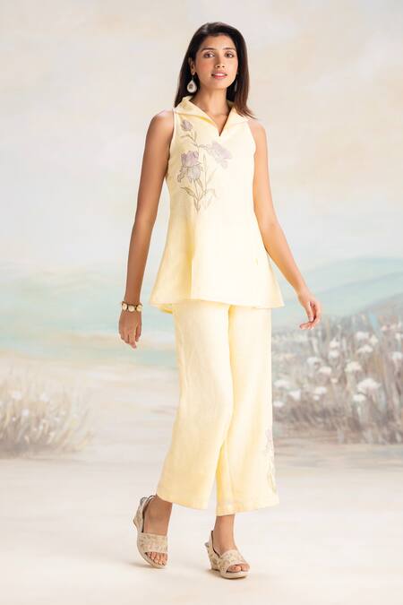 Kaveri Yellow Linen Embroidery, Foil Printing Collared Buttercup Floral Top And Pant Set at Aza Fashions Kaveri_Yellow Linen Embroidery, Foil Printing Collared Buttercup Floral Top And Pant Set _at_Aza_Fashions