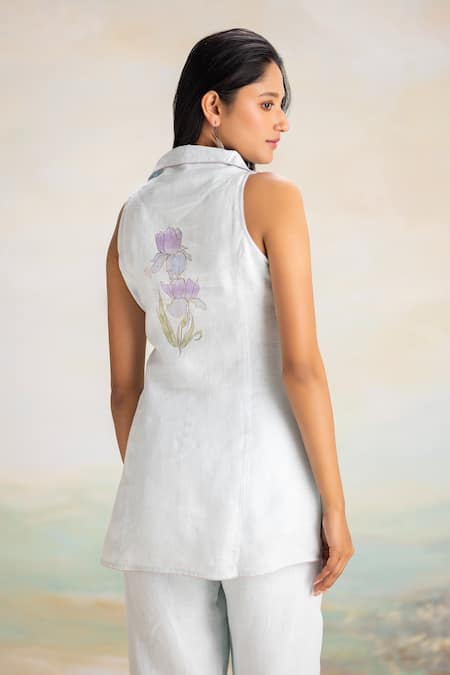 Shop Kaveri Blue Linen Foil Printing, Embroidery Collared Powder Iris Floral Pant Set at Aza Fashions Shop_Kaveri_Blue Linen Foil Printing, Embroidery Collared Powder Iris Floral Pant Set _at_Aza_Fashions