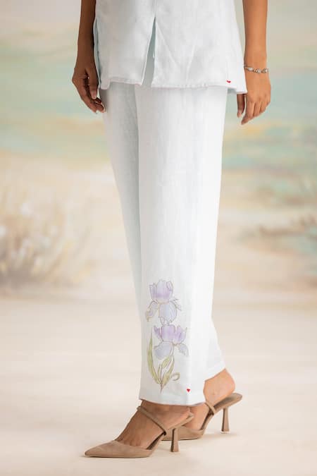 Shop Kaveri Blue Linen Foil Printing, Embroidery Collared Powder Iris Floral Pant Set Online at Aza Fashions Shop_Kaveri_Blue Linen Foil Printing, Embroidery Collared Powder Iris Floral Pant Set _Online_at_Aza_Fashions