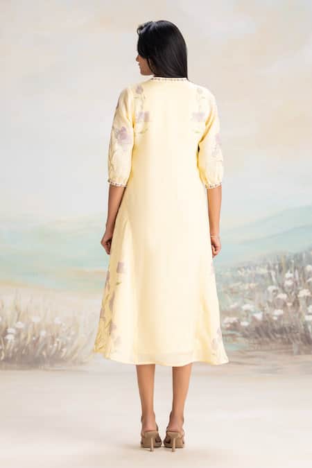 Shop Kaveri Yellow Linen Foil Printing Mandarin Collar Buttercup Fit-and-flare Midi Dress at Aza Fashions Shop_Kaveri_Yellow Linen Foil Printing Mandarin Collar Buttercup Fit-and-flare Midi Dress _at_Aza_Fashions