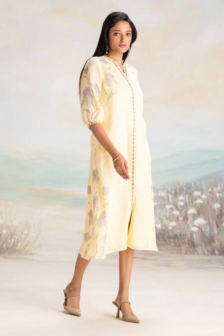 Kaveri Yellow Linen Foil Printing Mandarin Collar Buttercup Fit-and-flare Midi Dress Online at Aza Fashions Kaveri_Yellow Linen Foil Printing Mandarin Collar Buttercup Fit-and-flare Midi Dress _Online_at_Aza_Fashions