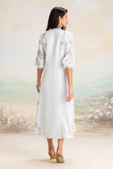 Shop Kaveri Blue Linen Embroidery Mandarin Collar Floral Print Fit-and-flare Dress at Aza Fashions Shop_Kaveri_Blue Linen Embroidery Mandarin Collar Floral Print Fit-and-flare Dress _at_Aza_Fashions