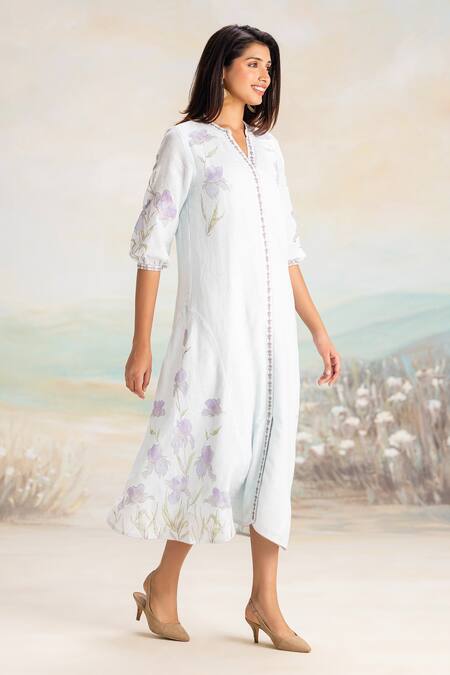 Kaveri Blue Linen Embroidery Mandarin Collar Floral Print Fit-and-flare Dress Online at Aza Fashions Kaveri_Blue Linen Embroidery Mandarin Collar Floral Print Fit-and-flare Dress _Online_at_Aza_Fashions