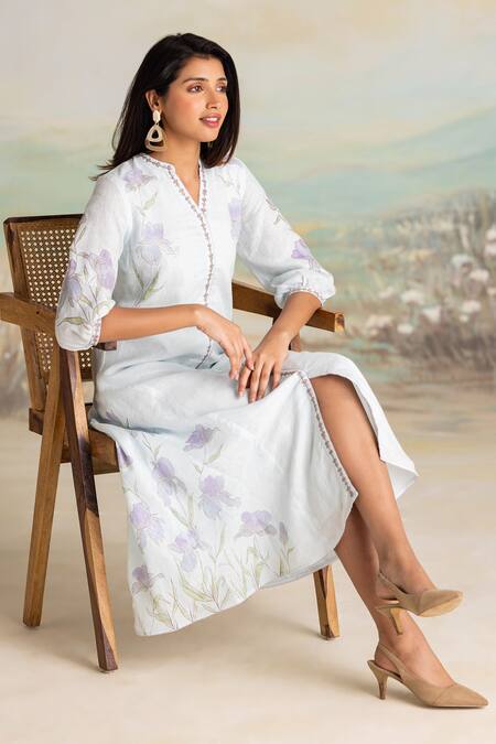 Buy Kaveri Blue Linen Embroidery Mandarin Collar Floral Print Fit-and-flare Dress Online at Aza Fashions Buy_Kaveri_Blue Linen Embroidery Mandarin Collar Floral Print Fit-and-flare Dress _Online_at_Aza_Fashions