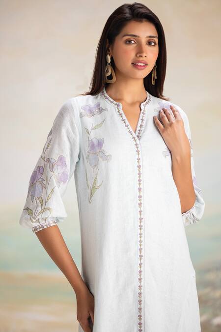 Shop Kaveri Blue Linen Embroidery Mandarin Collar Floral Print Fit-and-flare Dress Online at Aza Fashions Shop_Kaveri_Blue Linen Embroidery Mandarin Collar Floral Print Fit-and-flare Dress _Online_at_Aza_Fashions