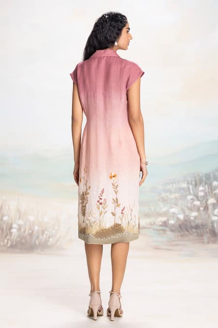 Shop Kaveri Pink Linen Fabric Flowers Collared Notch Tie Dress With Embroidery at Aza Fashions Shop_Kaveri_Pink Linen Fabric Flowers Collared Notch Tie Dress With Embroidery _at_Aza_Fashions