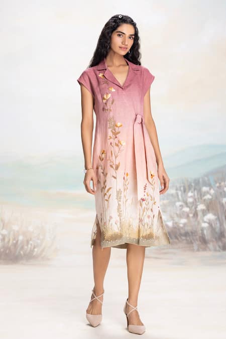 Kaveri Pink Linen Fabric Flowers Collared Notch Tie Dress With Embroidery Online at Aza Fashions Kaveri_Pink Linen Fabric Flowers Collared Notch Tie Dress With Embroidery _Online_at_Aza_Fashions