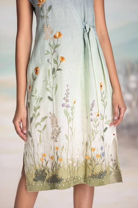 Kaveri Blue Linen Embroidery Collared Notch Midi Dress With Online at Aza Fashions Kaveri_Blue Linen Embroidery Collared Notch Midi Dress With _Online_at_Aza_Fashions