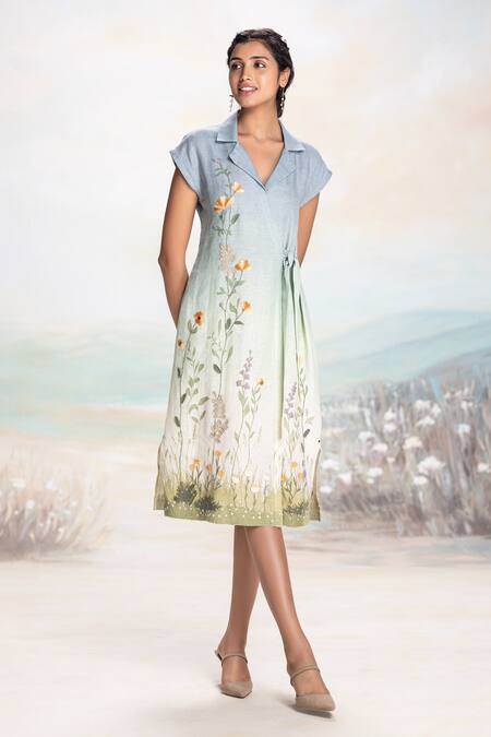 Buy Kaveri Blue Linen Embroidery Collared Notch Midi Dress With Online at Aza Fashions Buy_Kaveri_Blue Linen Embroidery Collared Notch Midi Dress With _Online_at_Aza_Fashions