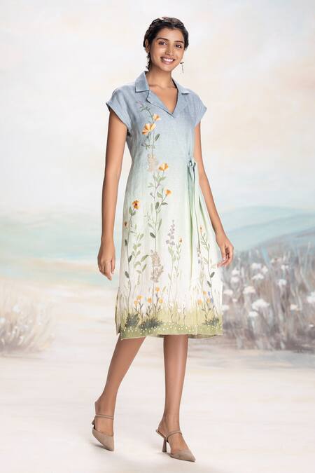 Shop Kaveri Blue Linen Embroidery Collared Notch Midi Dress With Online at Aza Fashions Shop_Kaveri_Blue Linen Embroidery Collared Notch Midi Dress With _Online_at_Aza_Fashions