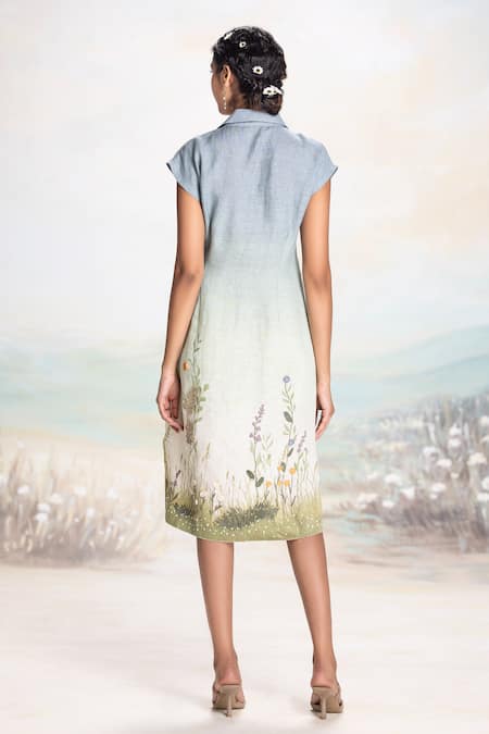 Shop Kaveri Blue Linen Embroidery Collared Notch Midi Dress With at Aza Fashions Shop_Kaveri_Blue Linen Embroidery Collared Notch Midi Dress With _at_Aza_Fashions