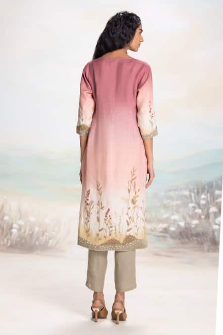 Shop Kaveri Pink Linen Fabric Flowers V-neck Sunrise Embossed Kurta Set at Aza Fashions Shop_Kaveri_Pink Linen Fabric Flowers V-neck Sunrise Embossed Kurta Set _at_Aza_Fashions