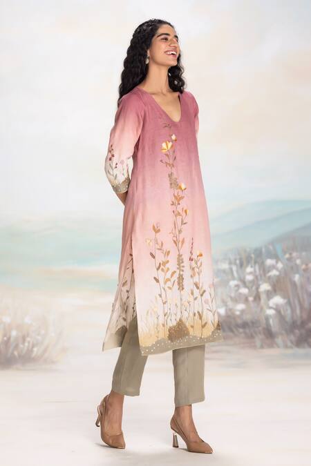 Buy Kaveri Pink Linen Fabric Flowers V-neck Sunrise Embossed Kurta Set Online at Aza Fashions Buy_Kaveri_Pink Linen Fabric Flowers V-neck Sunrise Embossed Kurta Set _Online_at_Aza_Fashions
