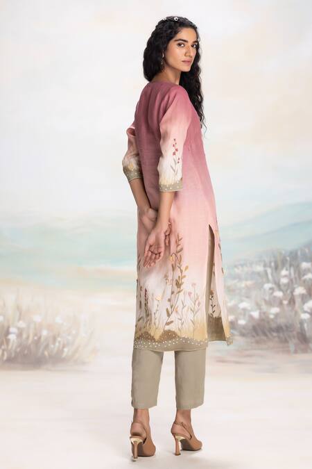 Shop Kaveri Pink Linen Fabric Flowers V-neck Sunrise Embossed Kurta Set Online at Aza Fashions Shop_Kaveri_Pink Linen Fabric Flowers V-neck Sunrise Embossed Kurta Set _Online_at_Aza_Fashions