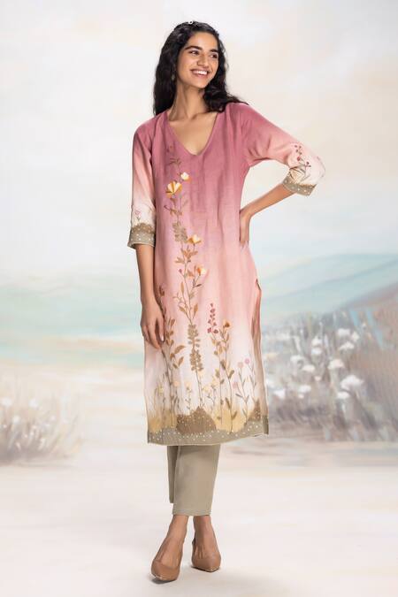 Kaveri Pink Linen Fabric Flowers V-neck Sunrise Embossed Kurta Set at Aza Fashions Kaveri_Pink Linen Fabric Flowers V-neck Sunrise Embossed Kurta Set _at_Aza_Fashions