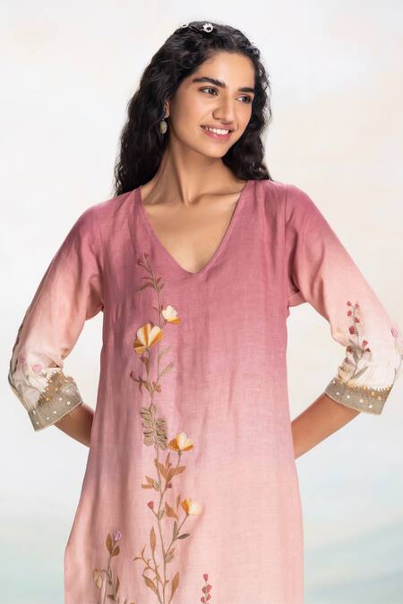 Buy Kaveri Pink Linen Fabric Flowers V-neck Sunrise Embossed Kurta Set Buy_Kaveri_Pink Linen Fabric Flowers V-neck Sunrise Embossed Kurta Set