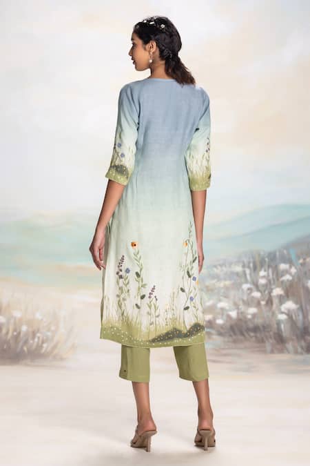 Shop Kaveri Blue Linen V-neck Sunset Embroidered Kurta Set at Aza Fashions Shop_Kaveri_Blue Linen V-neck Sunset Embroidered Kurta Set _at_Aza_Fashions
