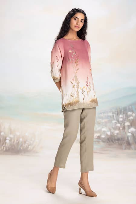 Kaveri Pink Linen Embroidery Boat Neck Landscape Top And Pant Set Online at Aza Fashions Kaveri_Pink Linen Embroidery Boat Neck Landscape Top And Pant Set _Online_at_Aza_Fashions