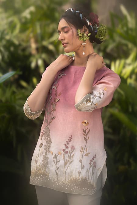 Buy Kaveri Pink Linen Embroidery Boat Neck Landscape Top And Pant Set Online at Aza Fashions Buy_Kaveri_Pink Linen Embroidery Boat Neck Landscape Top And Pant Set _Online_at_Aza_Fashions