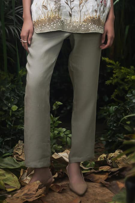 Shop Kaveri Pink Linen Embroidery Boat Neck Landscape Top And Pant Set Online at Aza Fashions Shop_Kaveri_Pink Linen Embroidery Boat Neck Landscape Top And Pant Set _Online_at_Aza_Fashions