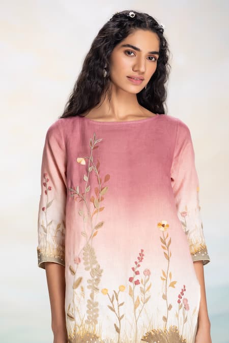 Kaveri Pink Linen Embroidery Boat Neck Landscape Top And Pant Set at Aza Fashions Kaveri_Pink Linen Embroidery Boat Neck Landscape Top And Pant Set _at_Aza_Fashions