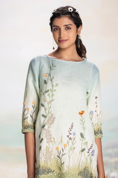 Kaveri Blue Linen Embroidery Boat Neck Top And Pant Set Online at Aza Fashions Kaveri_Blue Linen Embroidery Boat Neck Top And Pant Set _Online_at_Aza_Fashions