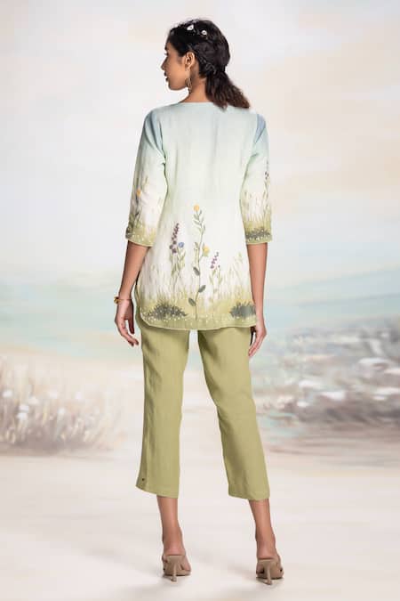 Shop Kaveri Blue Linen Embroidery Boat Neck Top And Pant Set at Aza Fashions Shop_Kaveri_Blue Linen Embroidery Boat Neck Top And Pant Set _at_Aza_Fashions