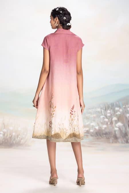 Shop Kaveri Pink Linen Fabric Flowers, Embroidery Round Neck Sunrise Jacket Dress Set at Aza Fashions Shop_Kaveri_Pink Linen Fabric Flowers, Embroidery Round Neck Sunrise Jacket Dress Set _at_Aza_Fashions