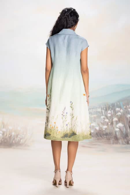 Shop Kaveri Blue Linen Fabric Flowers, Embroidery Round Neck Sunset Jacket And Dress Set at Aza Fashions Shop_Kaveri_Blue Linen Fabric Flowers, Embroidery Round Neck Sunset Jacket And Dress Set _at_Aza_Fashions