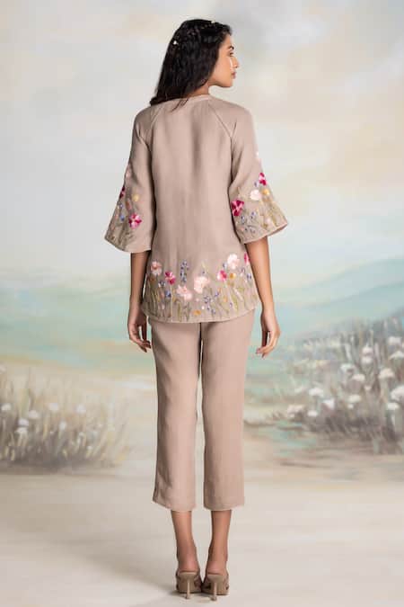 Shop Kaveri Beige Linen Embroidery, Tassels Round Neck Top And Pant Set at Aza Fashions Shop_Kaveri_Beige Linen Embroidery, Tassels Round Neck Top And Pant Set _at_Aza_Fashions