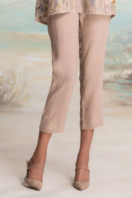 Kaveri Beige Linen Embroidery, Tassels Round Neck Top And Pant Set Online at Aza Fashions Kaveri_Beige Linen Embroidery, Tassels Round Neck Top And Pant Set _Online_at_Aza_Fashions