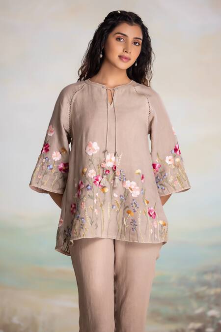 Shop Kaveri Beige Linen Embroidery, Tassels Round Neck Top And Pant Set Online at Aza Fashions Shop_Kaveri_Beige Linen Embroidery, Tassels Round Neck Top And Pant Set _Online_at_Aza_Fashions
