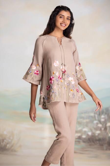 Kaveri Beige Linen Embroidery, Tassels Round Neck Top And Pant Set at Aza Fashions Kaveri_Beige Linen Embroidery, Tassels Round Neck Top And Pant Set _at_Aza_Fashions