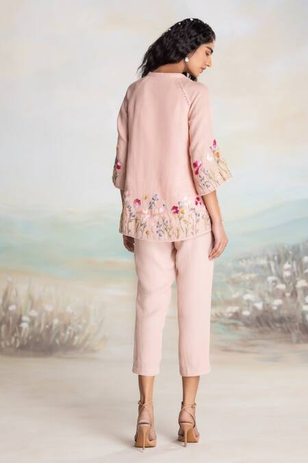 Shop Kaveri Pink Linen Tassels, Embroidery Round Neck Top And Pant Set at Aza Fashions Shop_Kaveri_Pink Linen Tassels, Embroidery Round Neck Top And Pant Set _at_Aza_Fashions