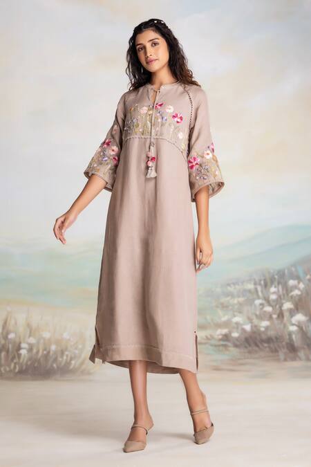 Kaveri Beige Linen Tassels Round Neck Embroidered Midi Dress Online at Aza Fashions Kaveri_Beige Linen Tassels Round Neck Embroidered Midi Dress _Online_at_Aza_Fashions