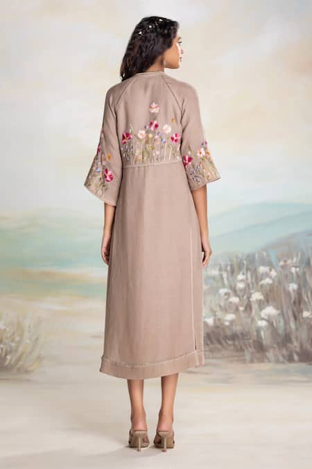 Shop Kaveri Beige Linen Tassels Round Neck Embroidered Midi Dress at Aza Fashions Shop_Kaveri_Beige Linen Tassels Round Neck Embroidered Midi Dress _at_Aza_Fashions