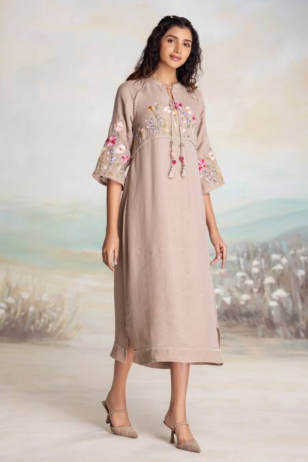 Buy Kaveri Beige Linen Tassels Round Neck Embroidered Midi Dress Online at Aza Fashions Buy_Kaveri_Beige Linen Tassels Round Neck Embroidered Midi Dress _Online_at_Aza_Fashions