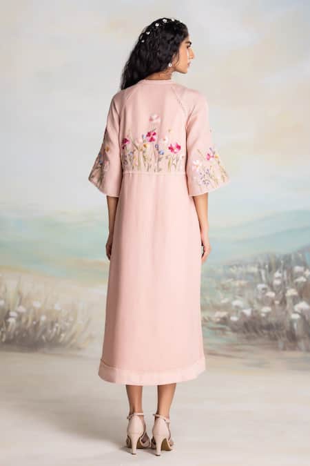 Shop Kaveri Pink Linen Tassels, Embroidery Round Neck Detail Midi Dress at Aza Fashions Shop_Kaveri_Pink Linen Tassels, Embroidery Round Neck Detail Midi Dress _at_Aza_Fashions