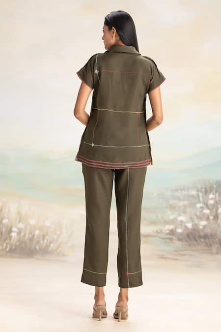 Shop Kaveri Green Linen Round Neck Top And Cigarette Pant Set at Aza Fashions Shop_Kaveri_Green Linen Round Neck Top And Cigarette Pant Set _at_Aza_Fashions