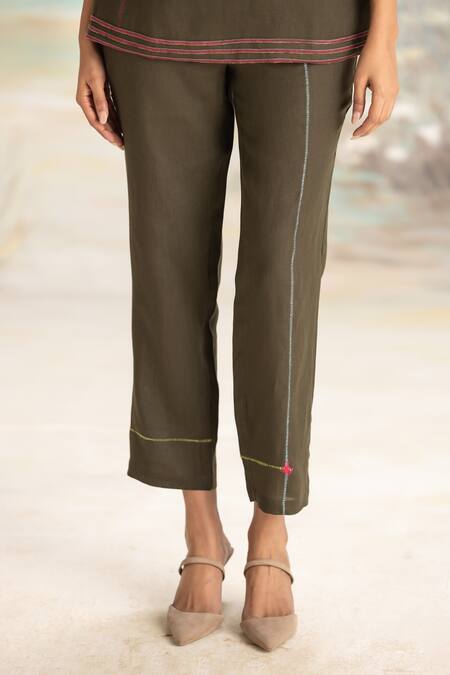 Kaveri Green Linen Round Neck Top And Cigarette Pant Set Online at Aza Fashions Kaveri_Green Linen Round Neck Top And Cigarette Pant Set _Online_at_Aza_Fashions