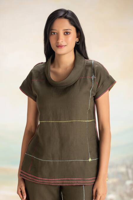 Buy Kaveri Green Linen Round Neck Top And Cigarette Pant Set Online at Aza Fashions Buy_Kaveri_Green Linen Round Neck Top And Cigarette Pant Set _Online_at_Aza_Fashions