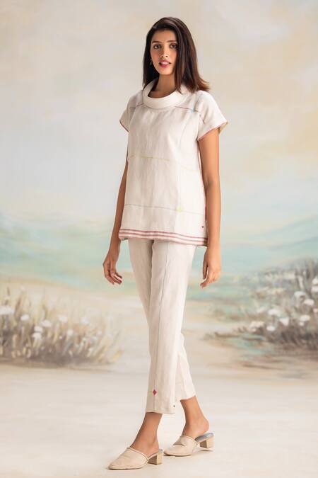 Kaveri Beige Linen Round Neck Top And Pant Set Online at Aza Fashions Kaveri_Beige Linen Round Neck Top And Pant Set _Online_at_Aza_Fashions
